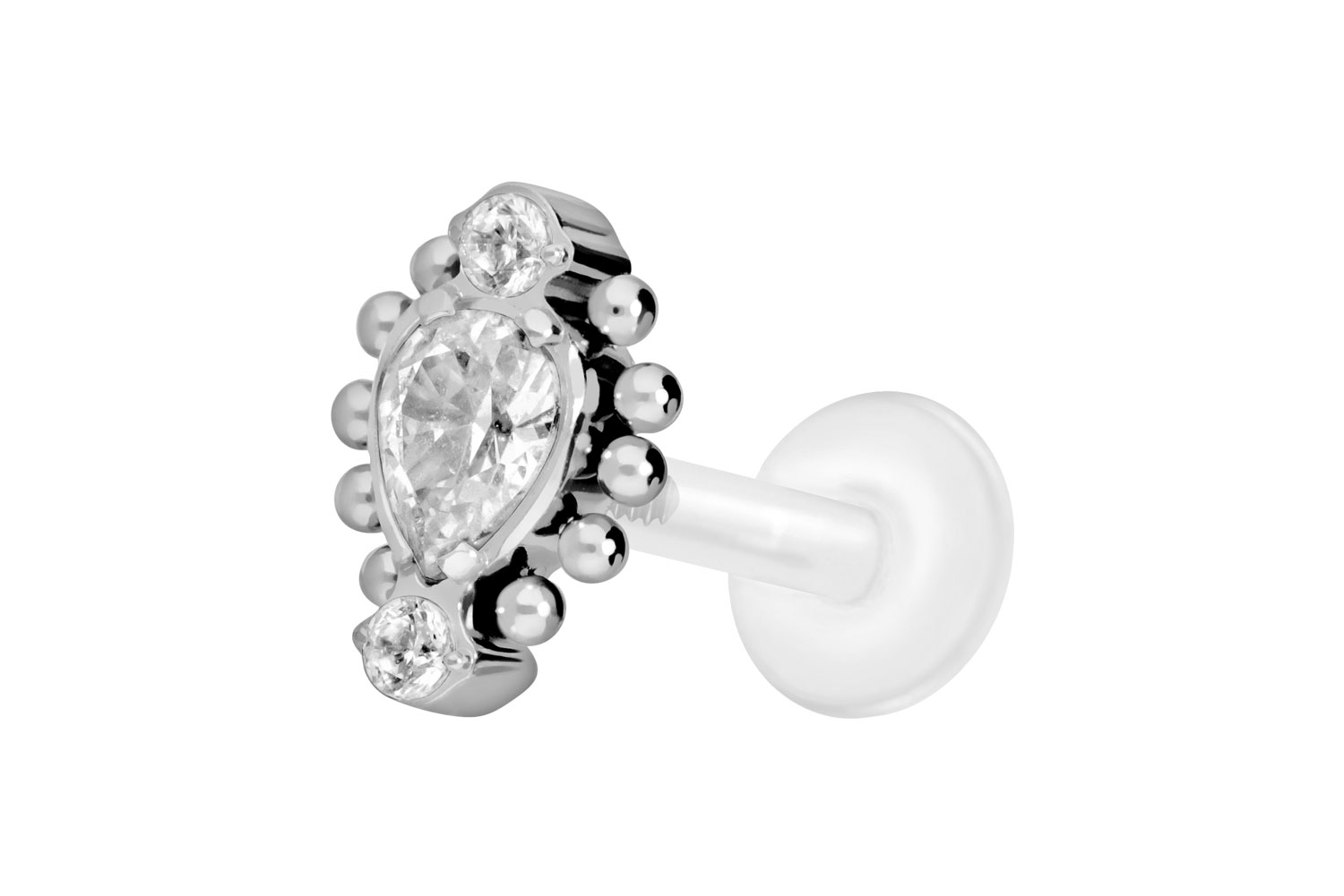 PTFE Labret Piercing mit Innengewinde + Titan-Aufsatz 3 EINGEFASSTE KRISTALLE + KUGELN